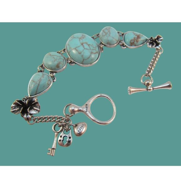 Faux Turquoise Link Bracelet Signed Fossil Size 7.5 - Picture 2 of 8